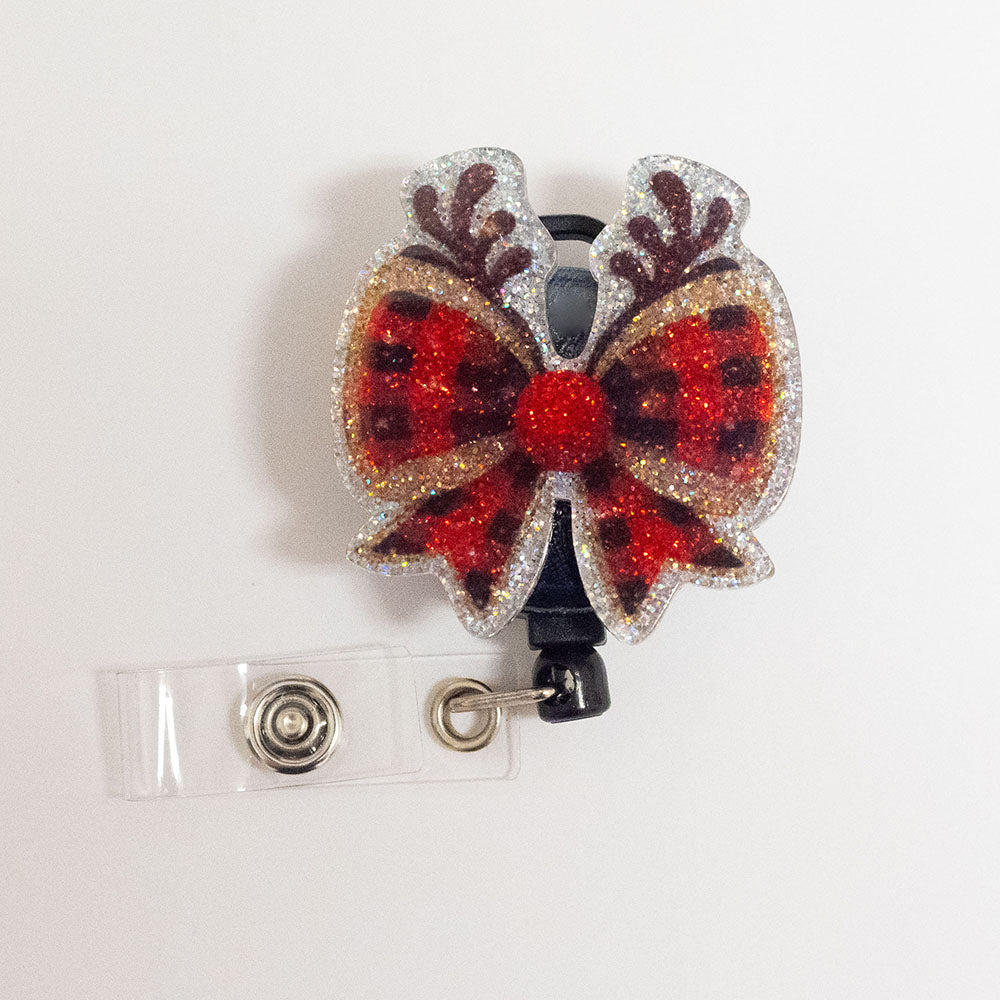 Plaid Reindeer Bow Pop Topper Swapfinity Retractable ID Badge Reel - - Topperswap