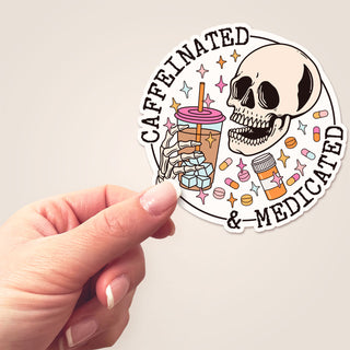 Caffeinated & Medicated Skull Sticker