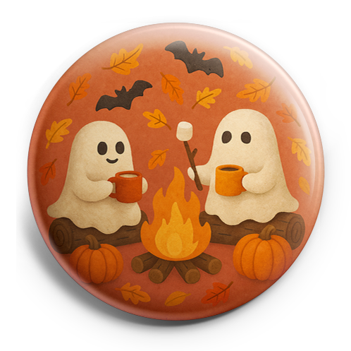 Custom Design – 2 ghosts sitting on logs around a campfire holding hot cocoa… - - Topperswap