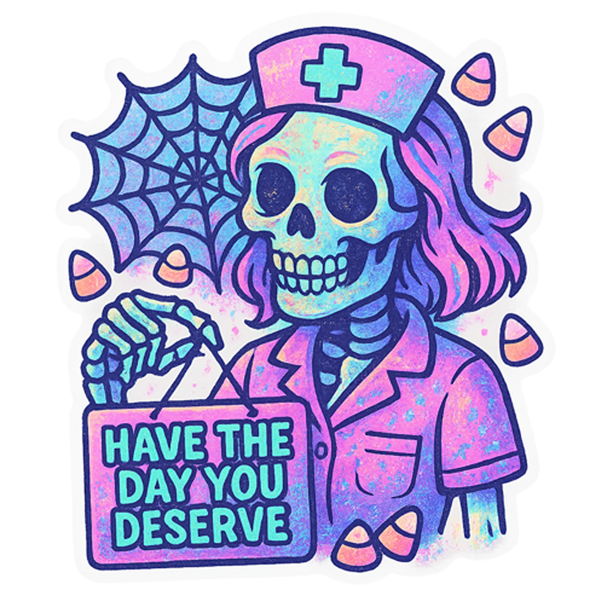 Custom Design – A smirking skeleton nurse surrounded by cobwebs and candy co… - - Topperswap