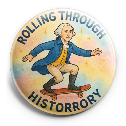 Custom Design – George Washington riding a skateboard with text 'Rolling Thr… - Topper
