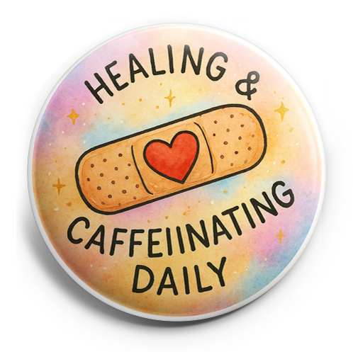 Custom Design – Band-Aid with heart and text 'Healing & Caffeinating Daily' - Topper