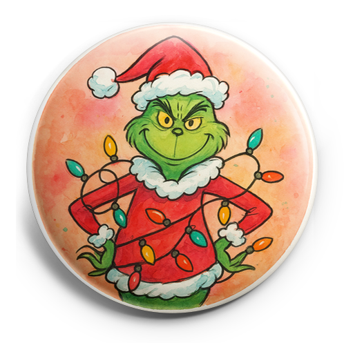 Grinch decked out in cozy christmas clothes with santa hat w…