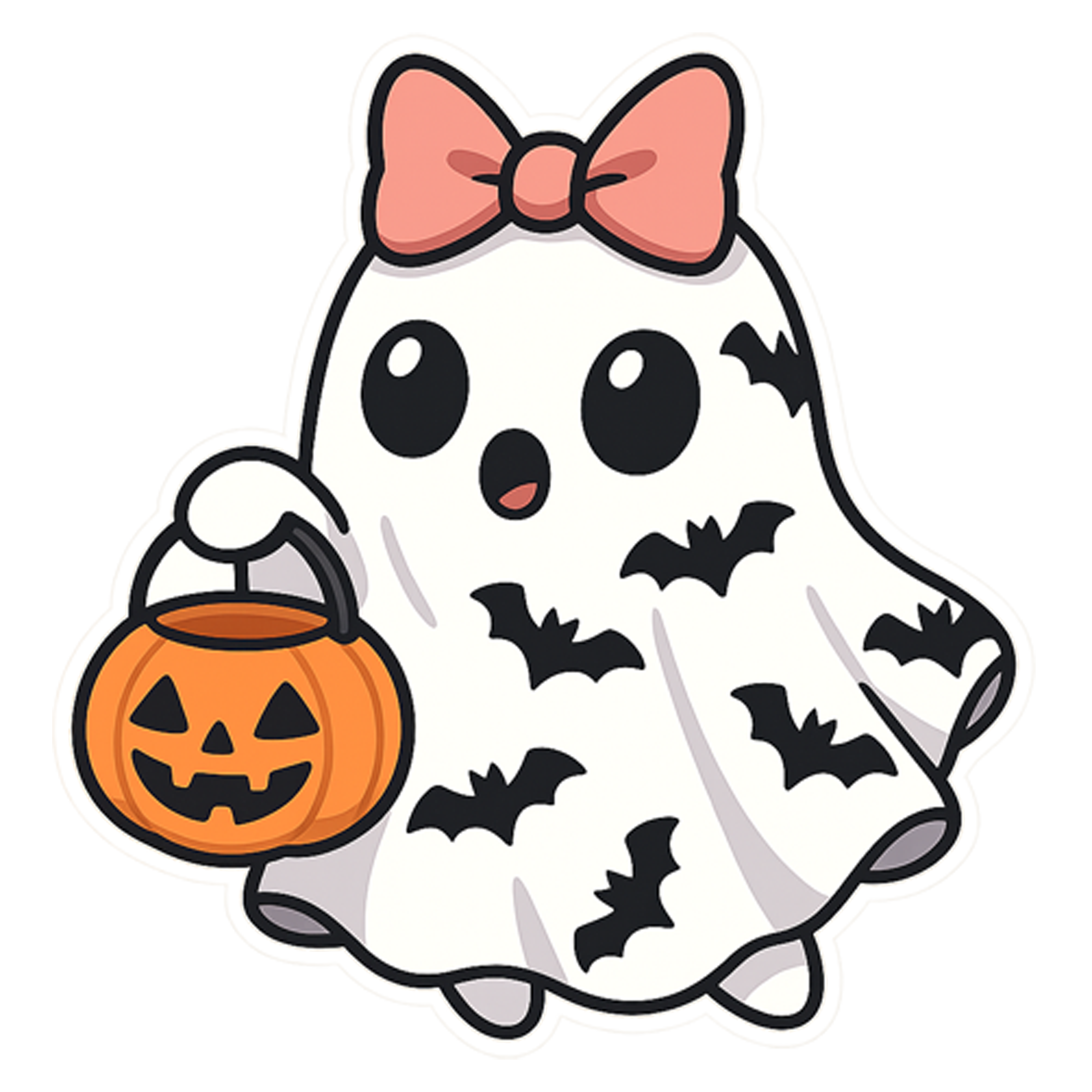 Custom Design – A cute white ghost wearing a bat pattern white sheet the she… - - Topperswap