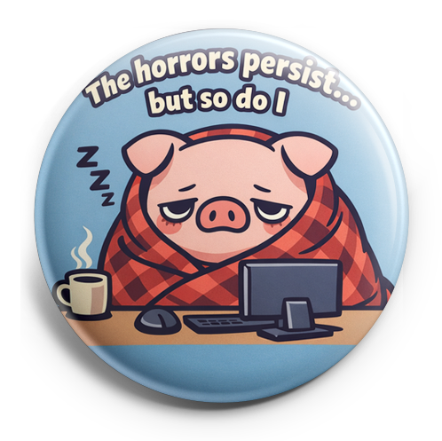Create a circular badge design featuring a cute, tired pig w…