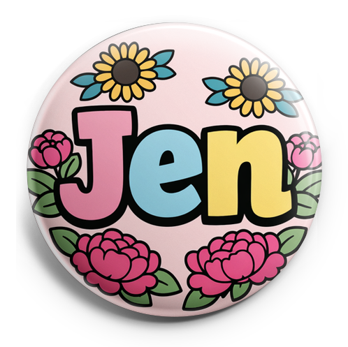 Create a circular badge design featuring the name 'Jen' as t…