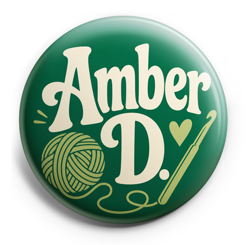 Amber D. in green with a crochet hook and yarn – Topper