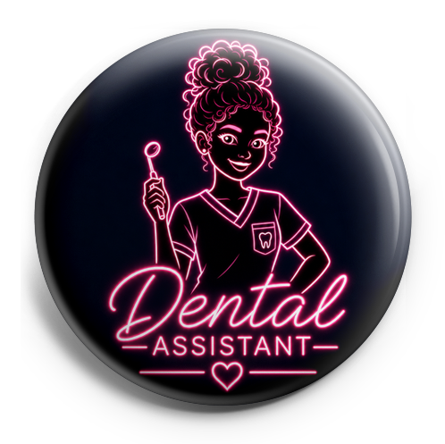 Dental assistant girl with dark brown curly bun, pink and bl… – Topper