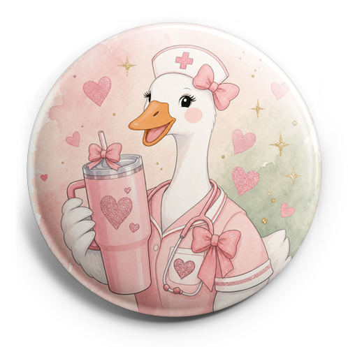 Coquette nurse goose looking happy with her Stanley cup in p… – Topper