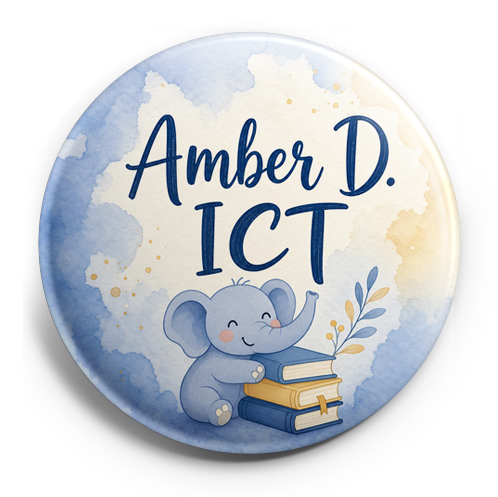Amber D. ICT in blue with a small elephant or book – Topper
