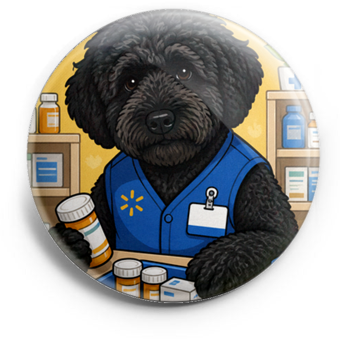 My dog as a pharmacy tech, wearing a blue smock (Walmart) na… – Topper