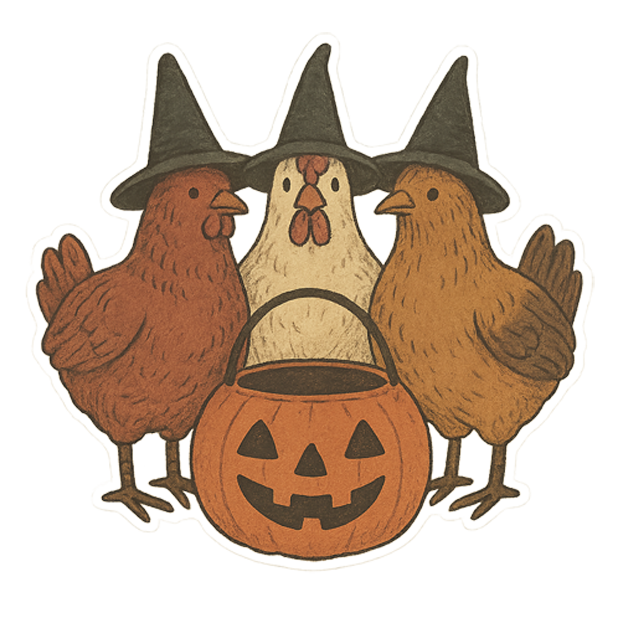 Custom Design – 3 chickens standing next to each other wearing witch hats in… - - Topperswap