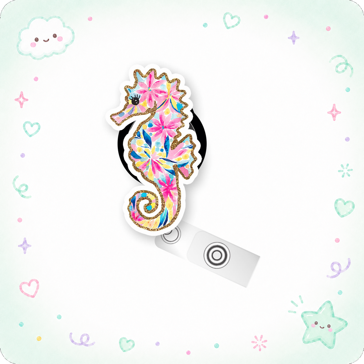 Sea You Sparkle Seahorse Pop Topper Swapfinity Retractable ID Badge Reel - - Topperswap
