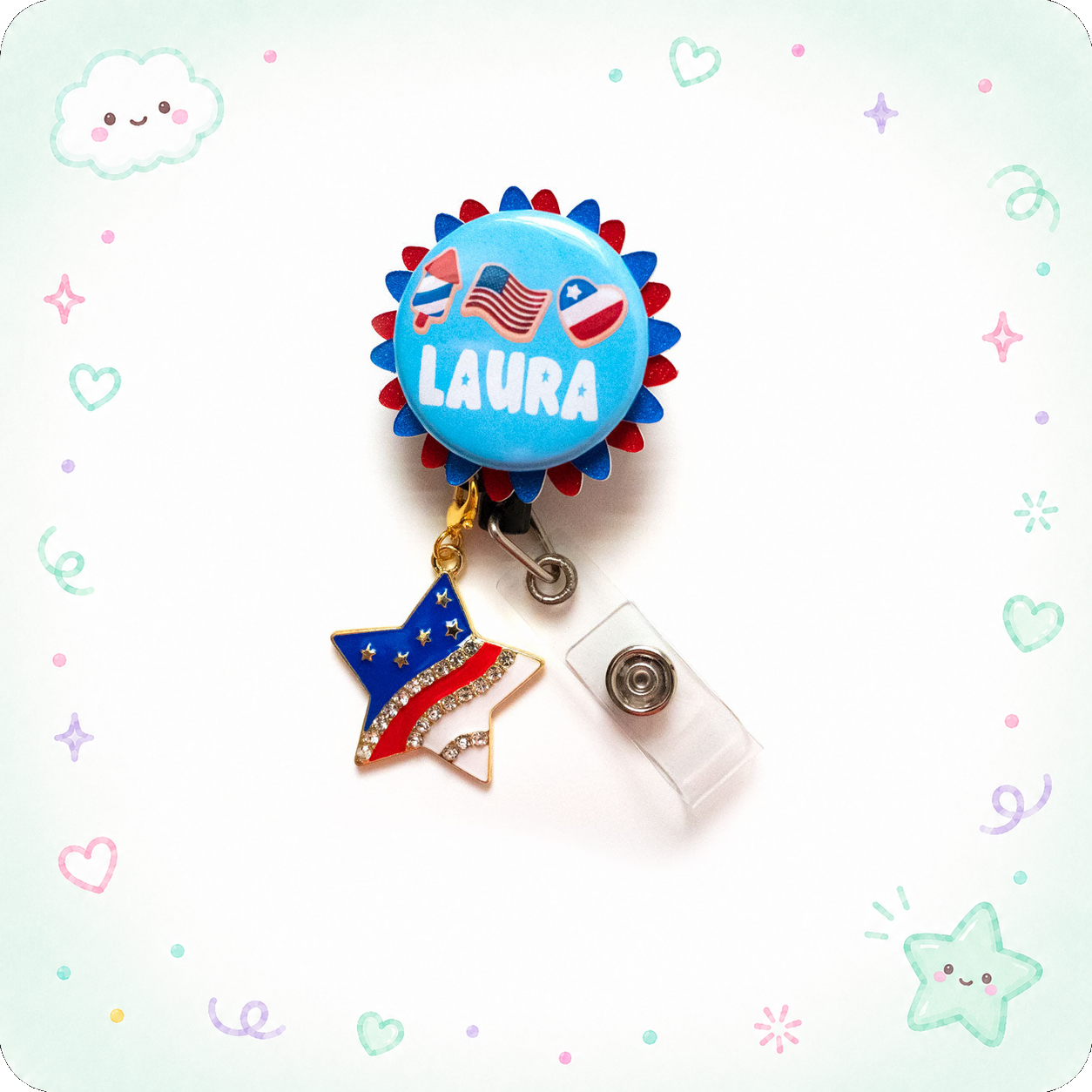 American Flag Star with Studs Charm Badge Reel Add-on - - Topperswap