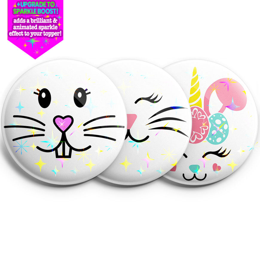 Hoppy Trio Easter Bunny Face Toppers 3-Pack - Make them Sparkle! - Topperswap