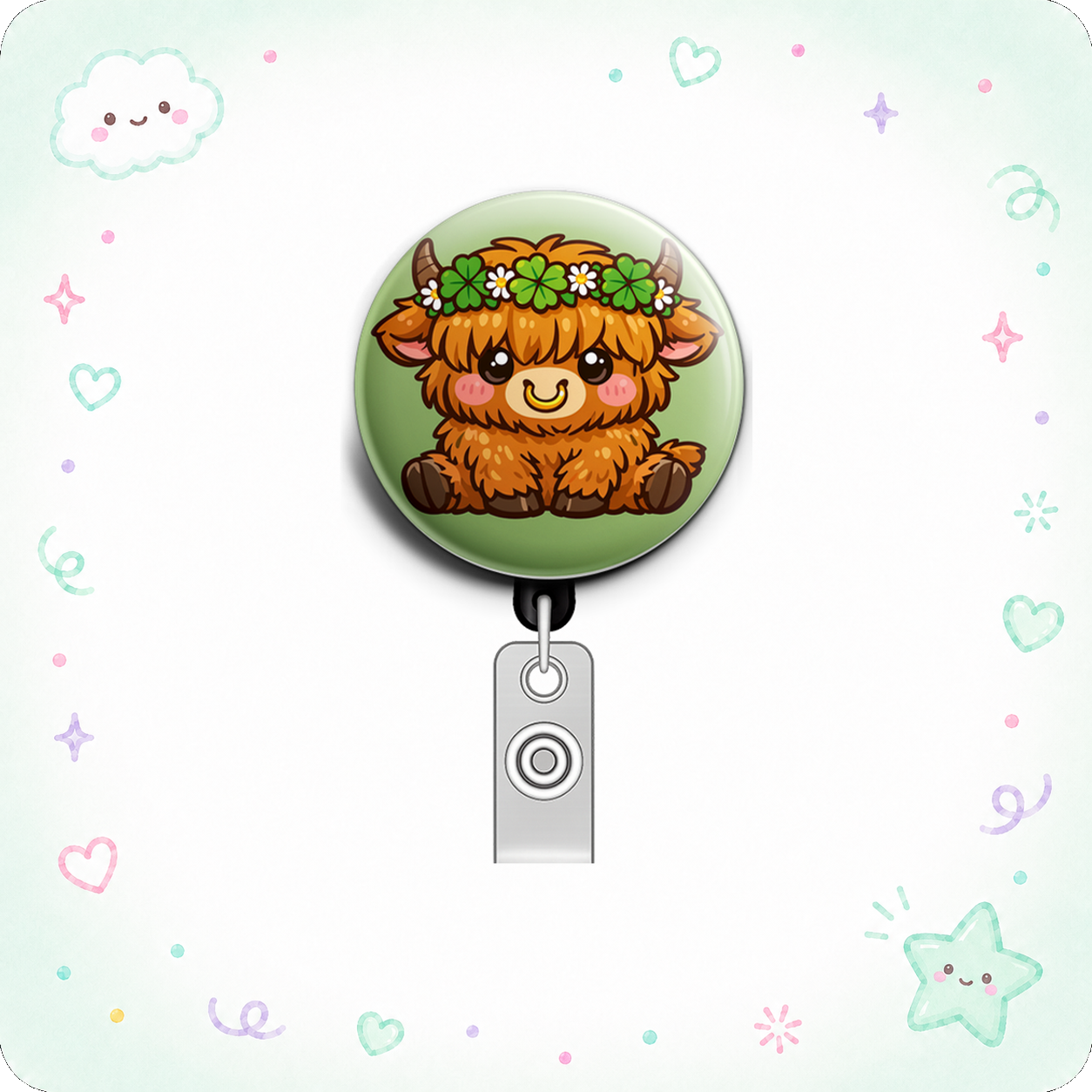 Shamrock Highland Cow Swapfinity Retractable ID Badge Reel - - Topperswap