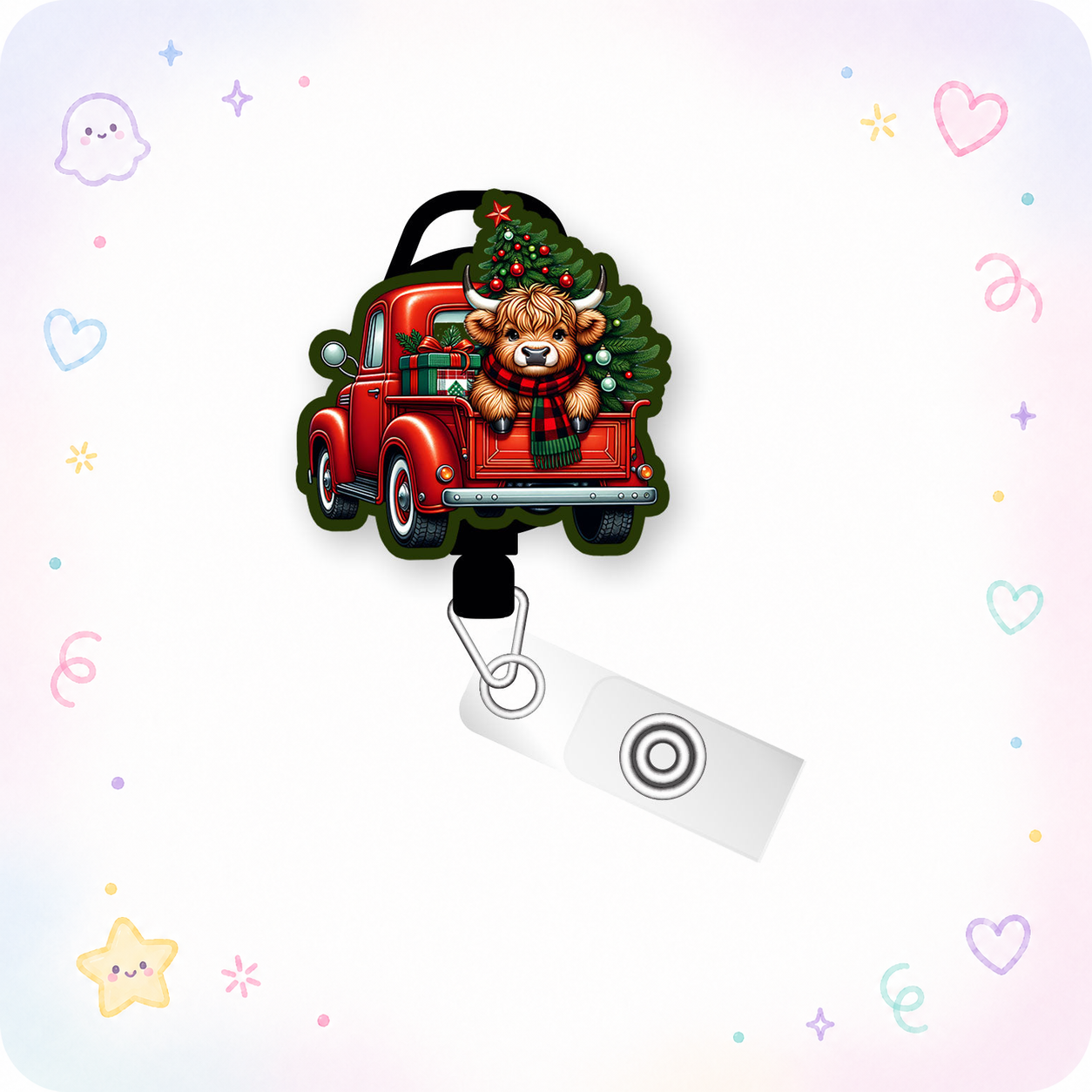 Merry Christmas Highland Cow Truck Pop Topper Swapfinity Retractable ID Badge Reel - - Topperswap