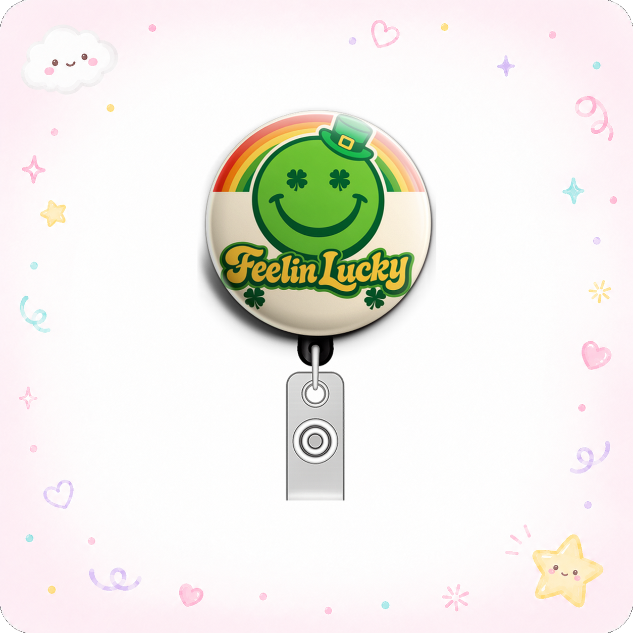 Groovy Feelin Lucky Smiley 🍀🌈 Swapfinity Retractable ID Badge Reel - - Topperswap