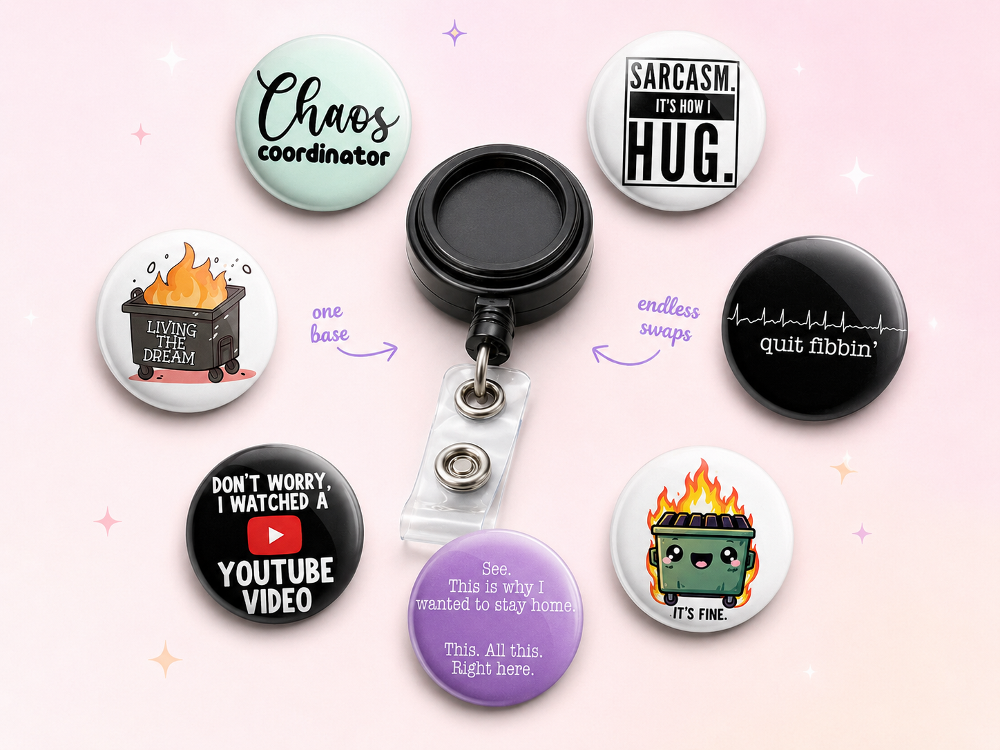 Swapfinity Starter Kit — SnapLock Badge Reel + 7 Toppers - - Topperswap