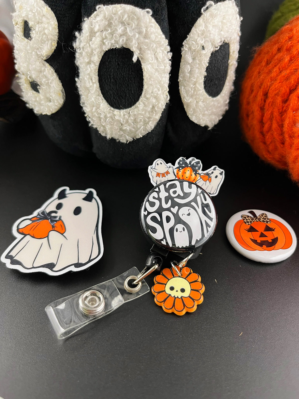 Pumpkin Treat Ghost Pop Topper Swapfinity Retractable ID Badge Reel - - Topperswap