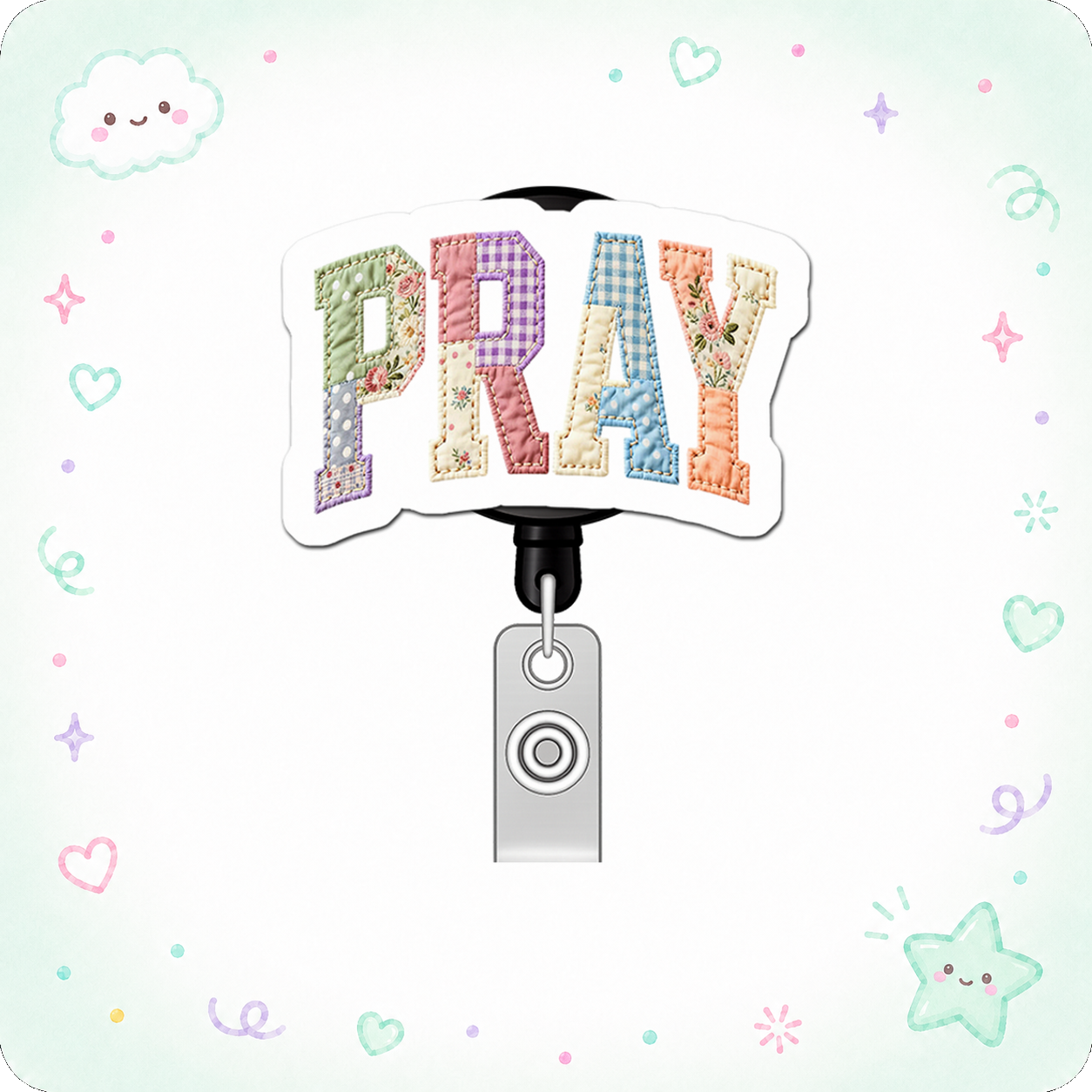 Patchwork Pray Power Pop Topper Swapfinity Retractable ID Badge Reel - - Topperswap