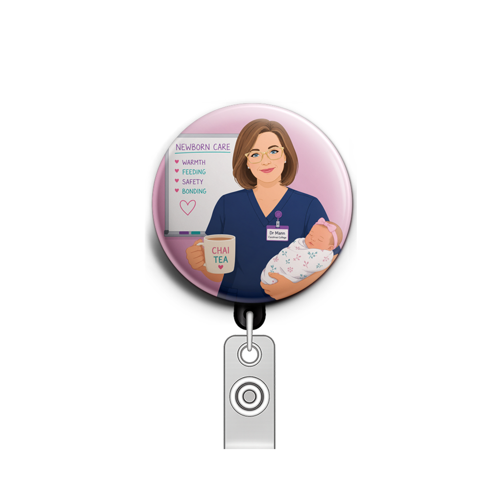 A white nurse in navy scrubs. Badge says Dr Mann Carolinas C…