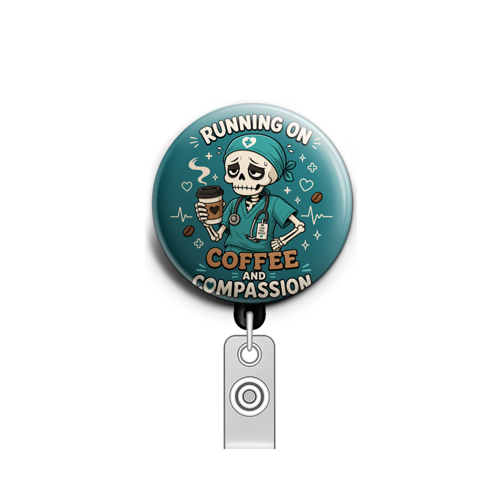 A cute cartoon skeleton wearing nurse scrubs and a stethosco…