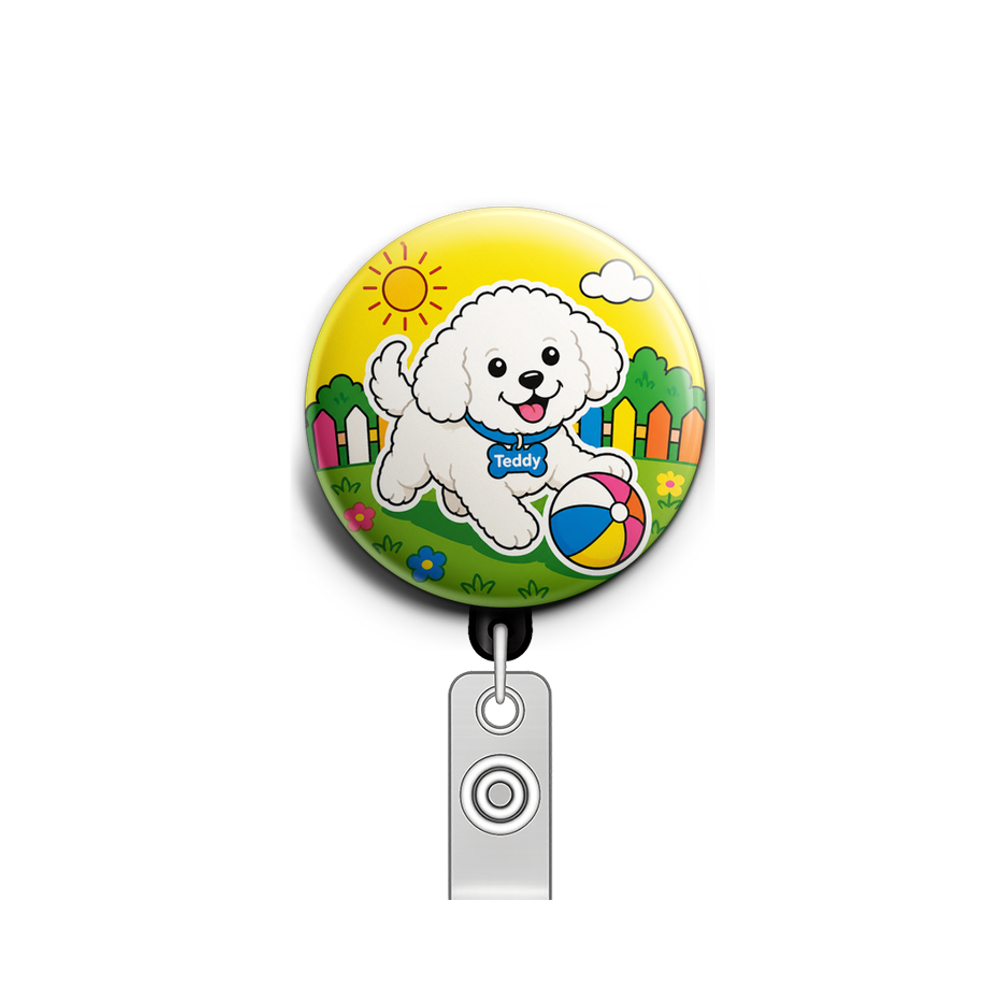 Custom Design – Make a white bichon dog with a blue collar that says “Teddy”… - Badge Reel (Alligator, Black) - Topperswap