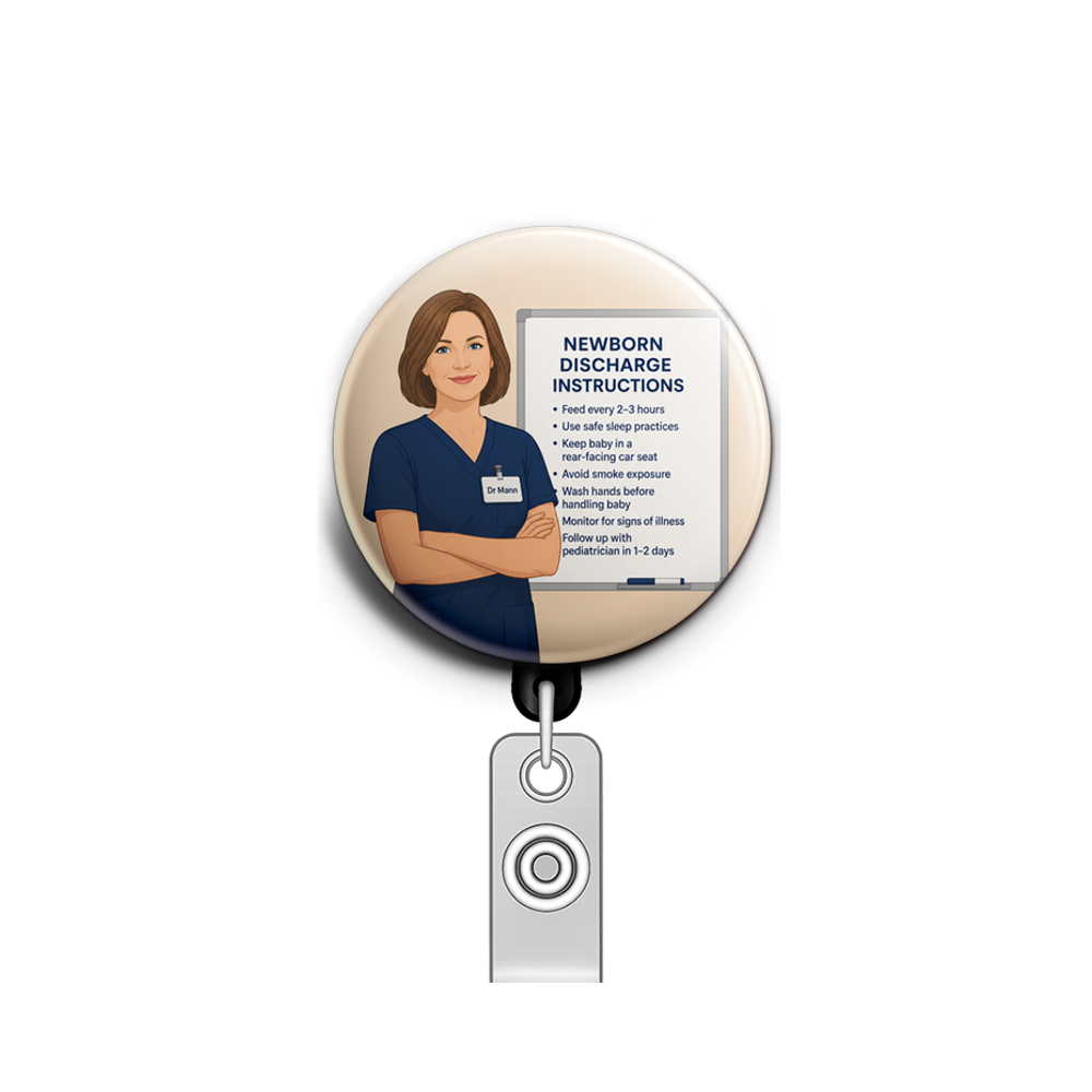 A white nurse in navy scrubs. Badge says Dr Mann. She is in…
