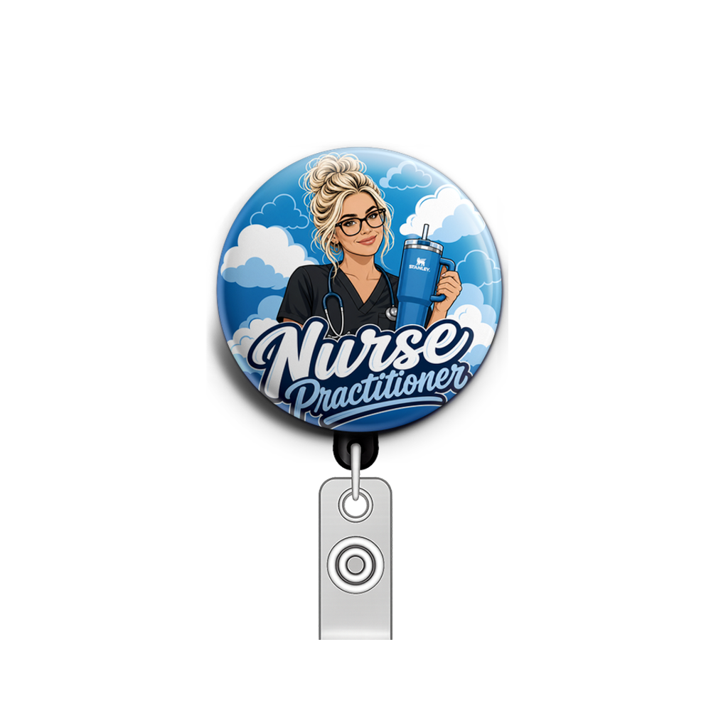 Cute Mature nurse with light hair in a messy bun, wearing gl…