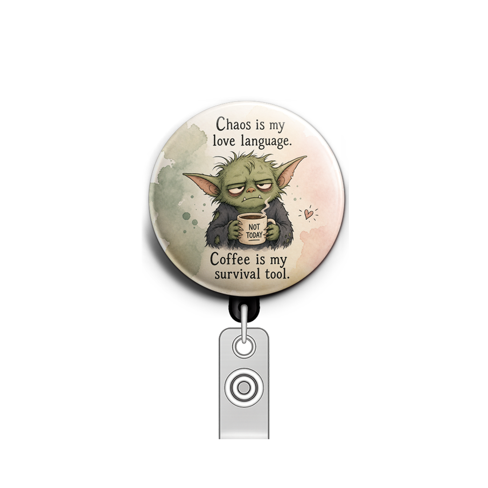 Custom Design – Chaos gremlin holding coffee, looking exhausted - Badge Reel (Alligator, Black) - Topperswap