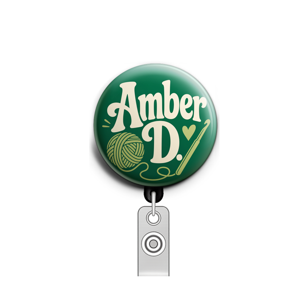Amber D. in green with a crochet hook and yarn