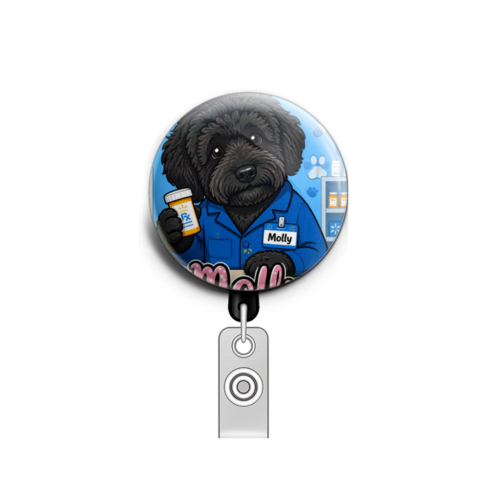 My dog as a pharmacy tech wearing a blue lab coat (Walmart)…