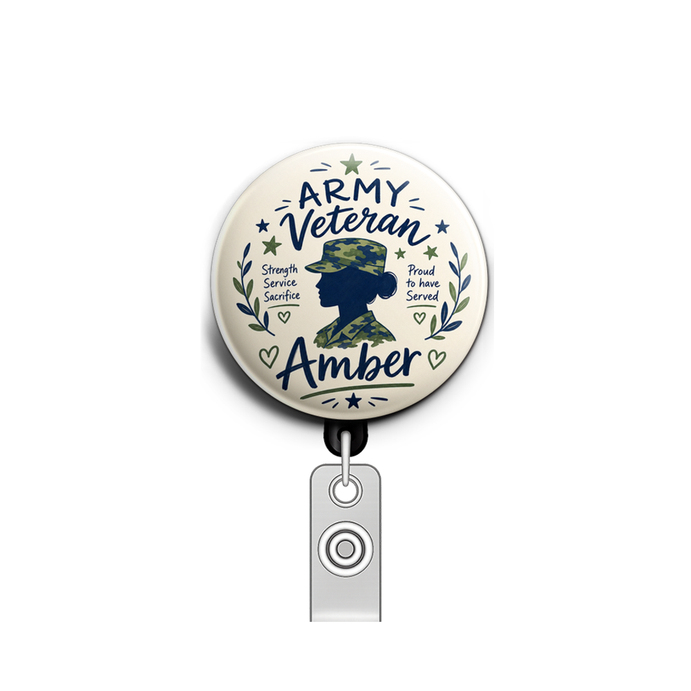 Woman army veteran with name Amber on it. Blues and greens