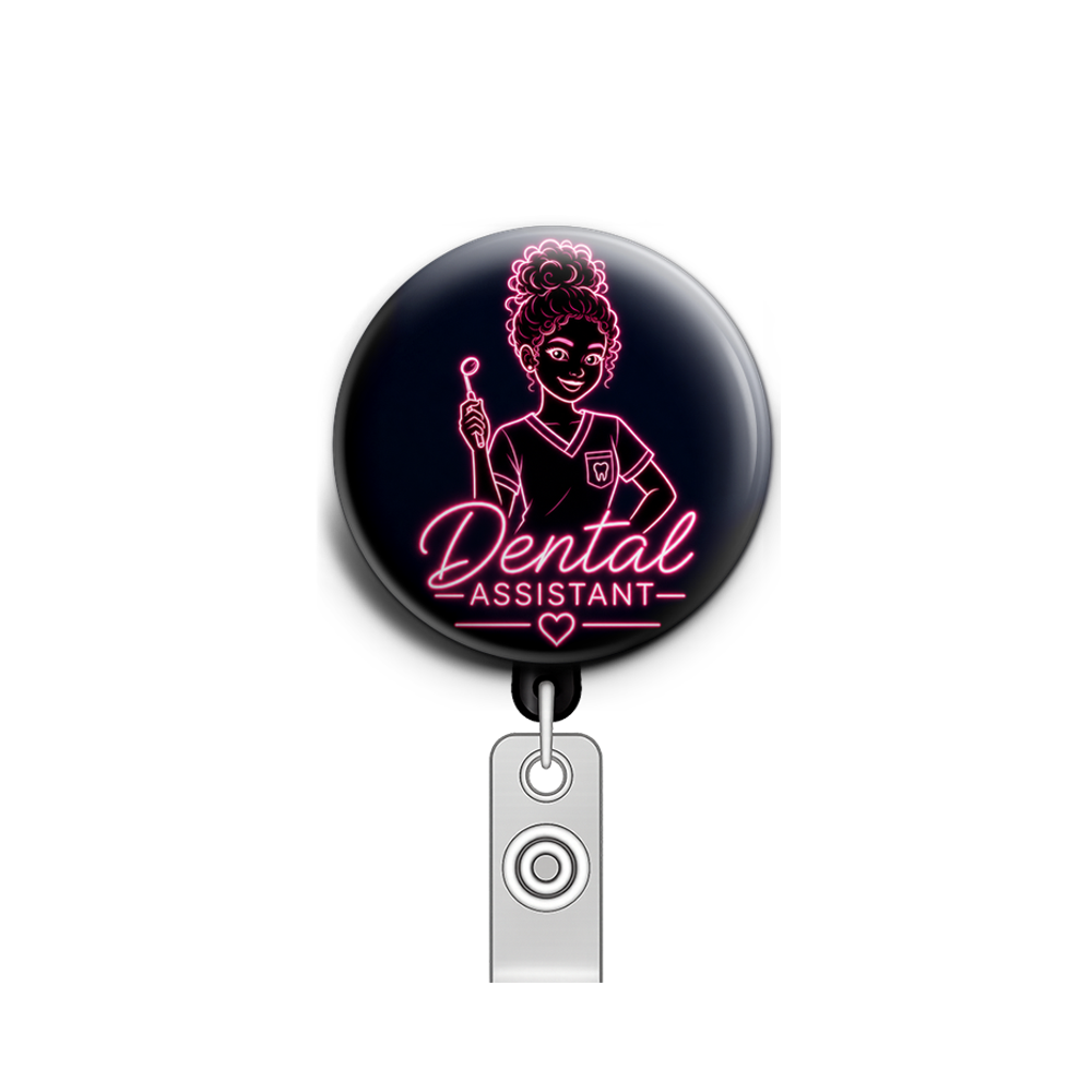 Dental assistant girl with dark brown curly bun, pink and bl…