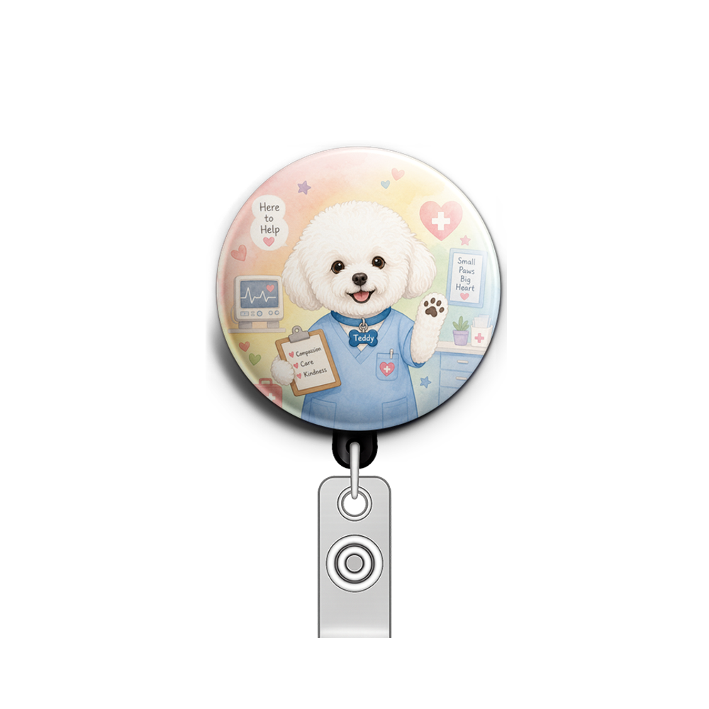 Custom Design – Make a white bichon dog with a blue collar that says “Teddy”… - Badge Reel (Alligator, Black) - Topperswap
