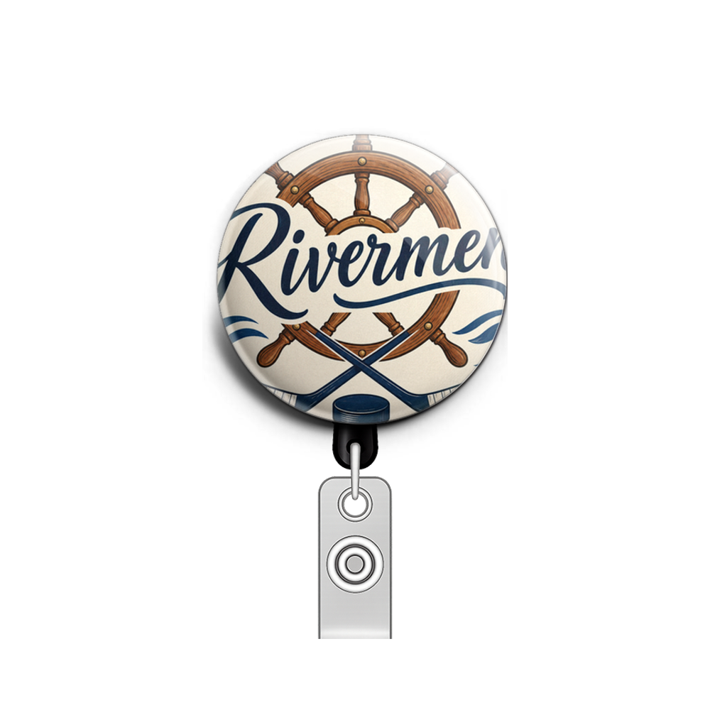 Hockey, wooden boat wheel, red white, and dark blue