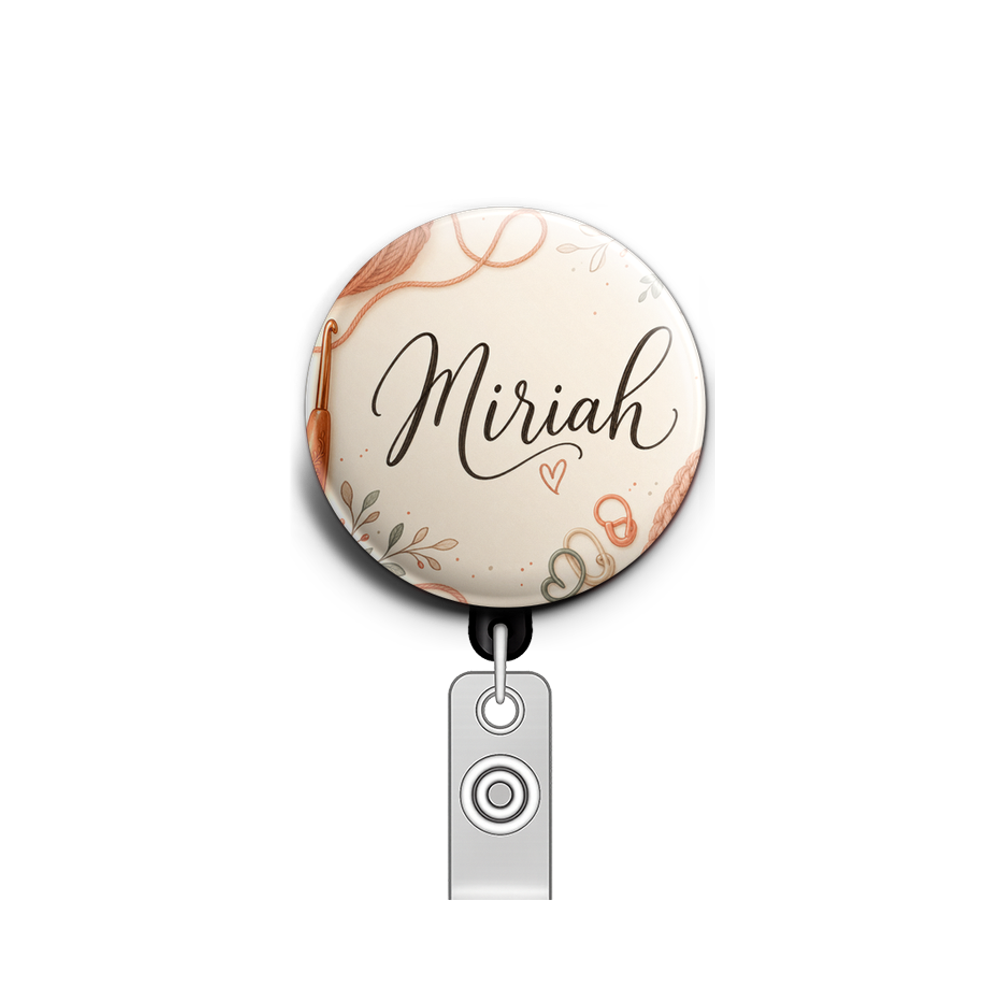 Custom Design – Orange crochet hooks, yarn and stitch markers - Badge Reel (Alligator, Black) - Topperswap