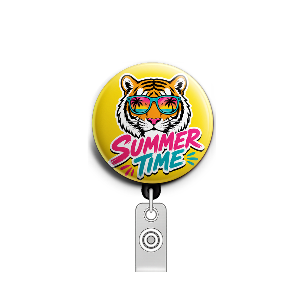 Custom Design – Tiger with shades “summer time” white background - Badge Reel (Alligator, Black) - Topperswap