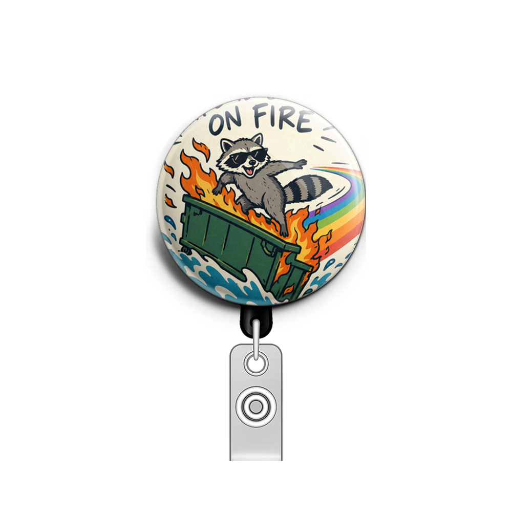 A raccoon using a dumpster that is on fire as a surfboard, a…