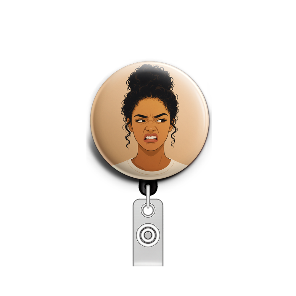 Girl with caramel skin, curly black bun, close up, disgusted…