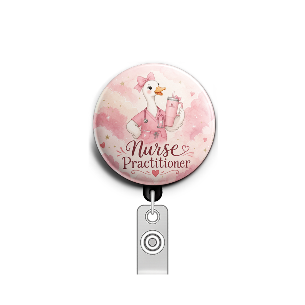 Cute coquette goose wearing pink scrubs looking happy holdin…