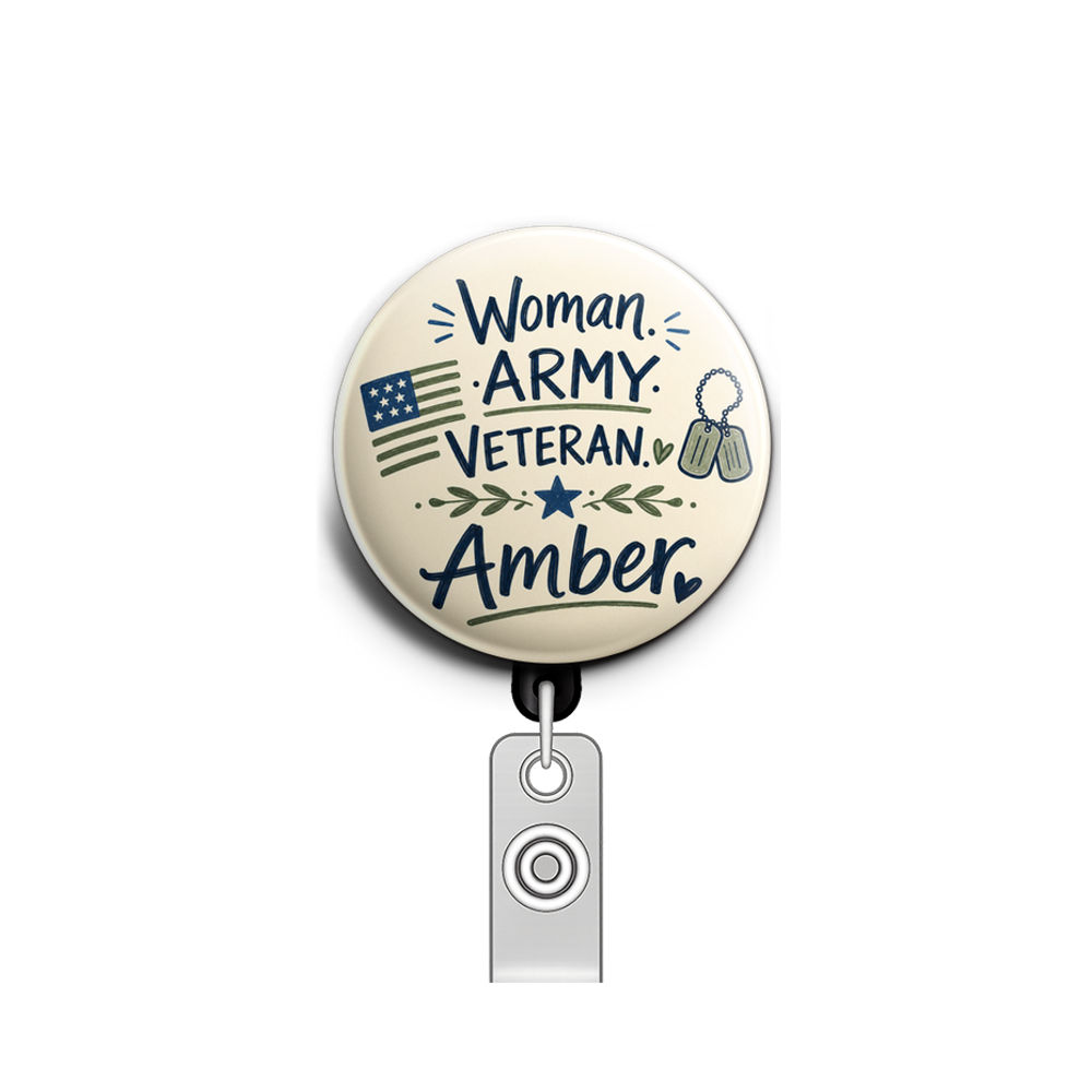 Woman army veteran with name Amber on it. Blues and greens