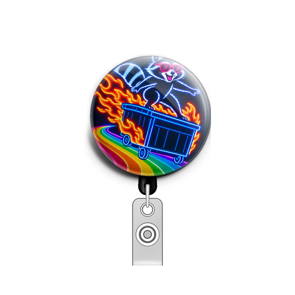 Raccoon using a dumpster that is on fire as a surf board, an…