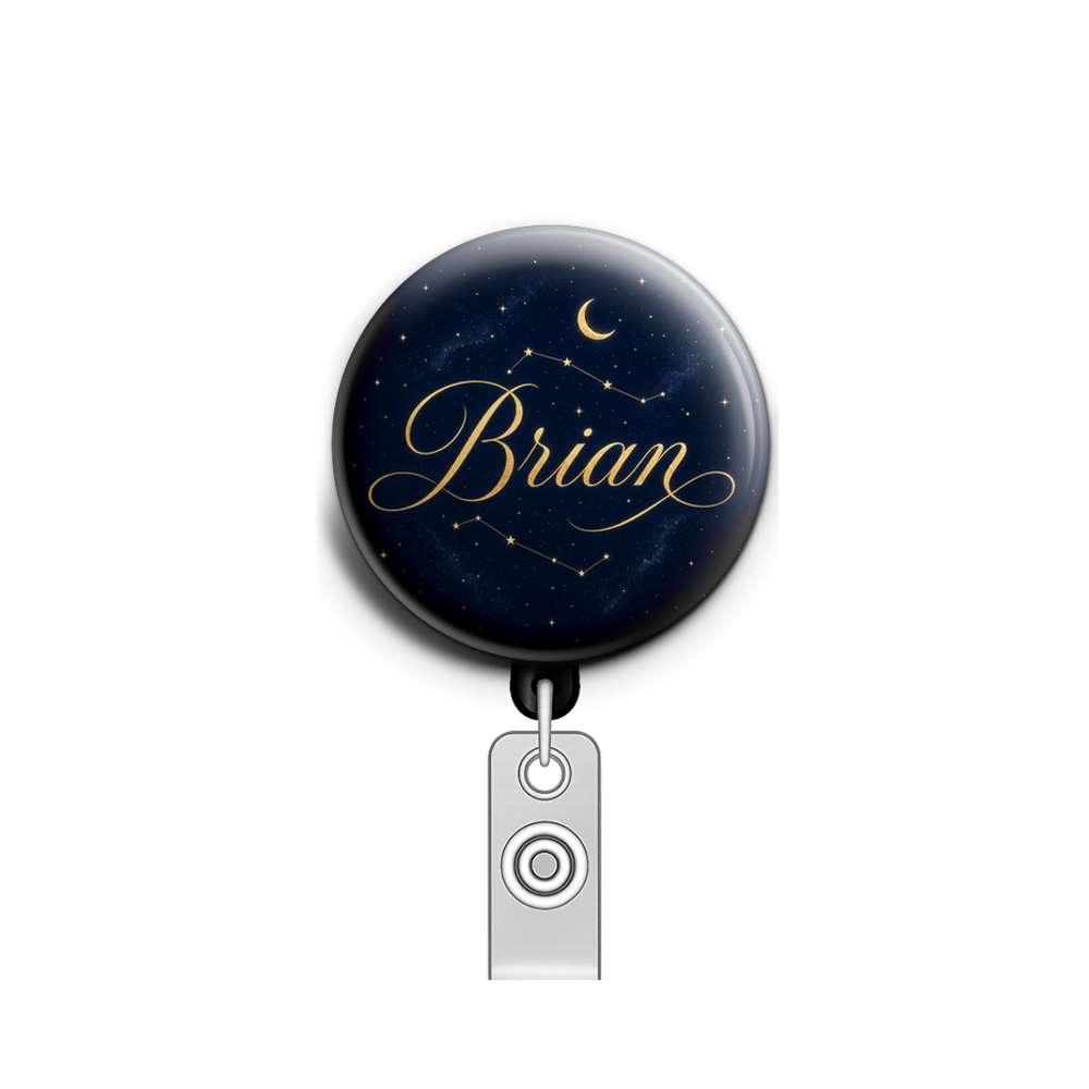 Custom Design – Brian in elegant flowing script with small crescent moon, sc… - Badge Reel (Alligator, Black) - Topperswap