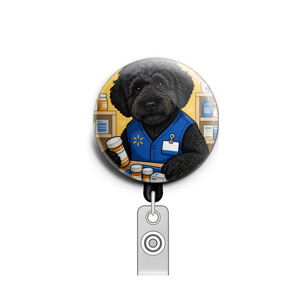 My dog as a pharmacy tech, wearing a blue smock (Walmart) na…