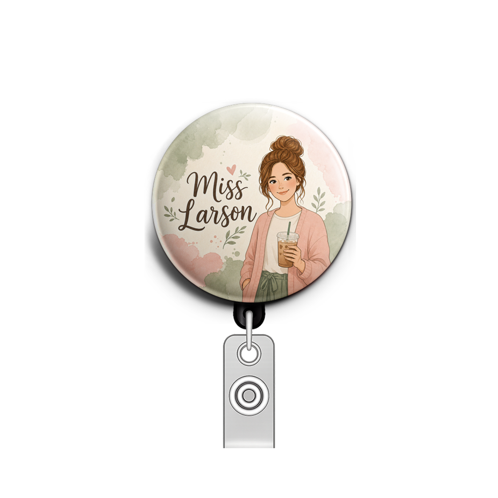 Custom Design – Make a teacher with light skin and brown hair. Have her hold… - Badge Reel (Alligator, Black) - Topperswap