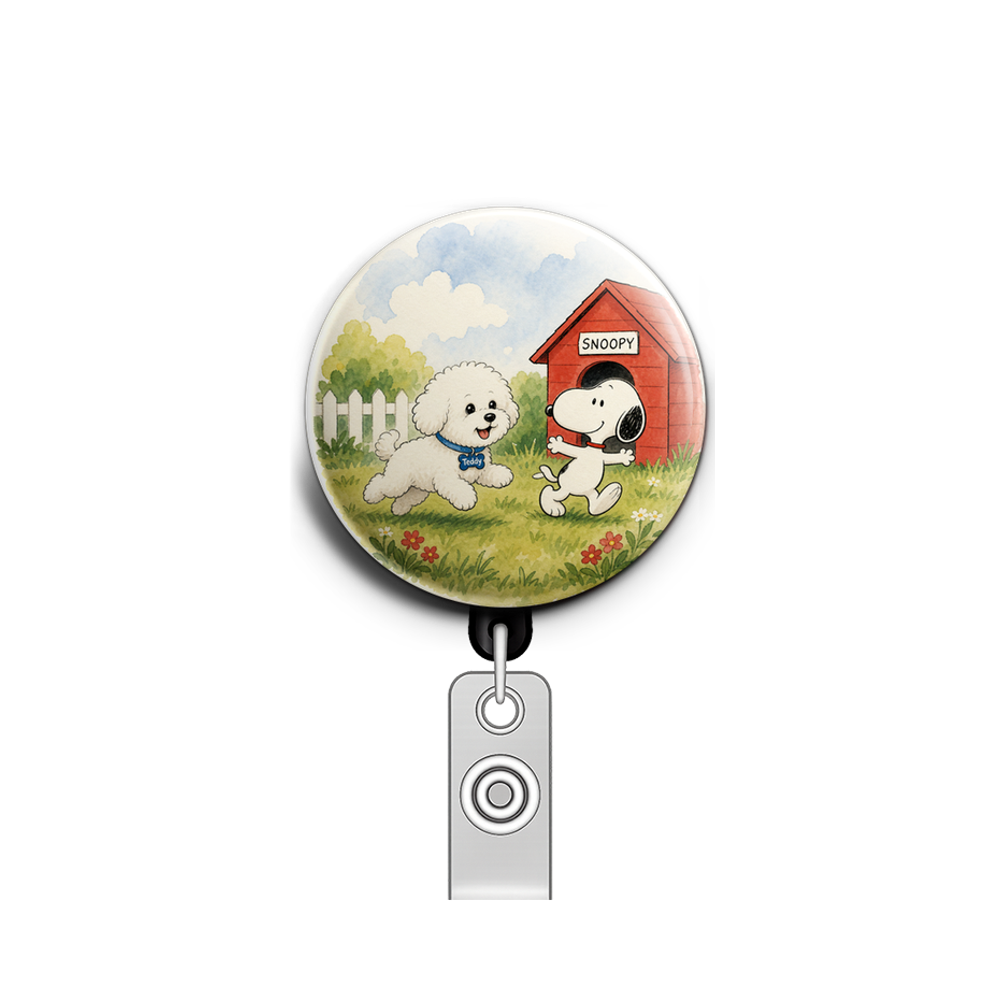 Custom Design – Make a white bichon dog with a blue collar that says “Teddy”… - Badge Reel (Alligator, Black) - Topperswap