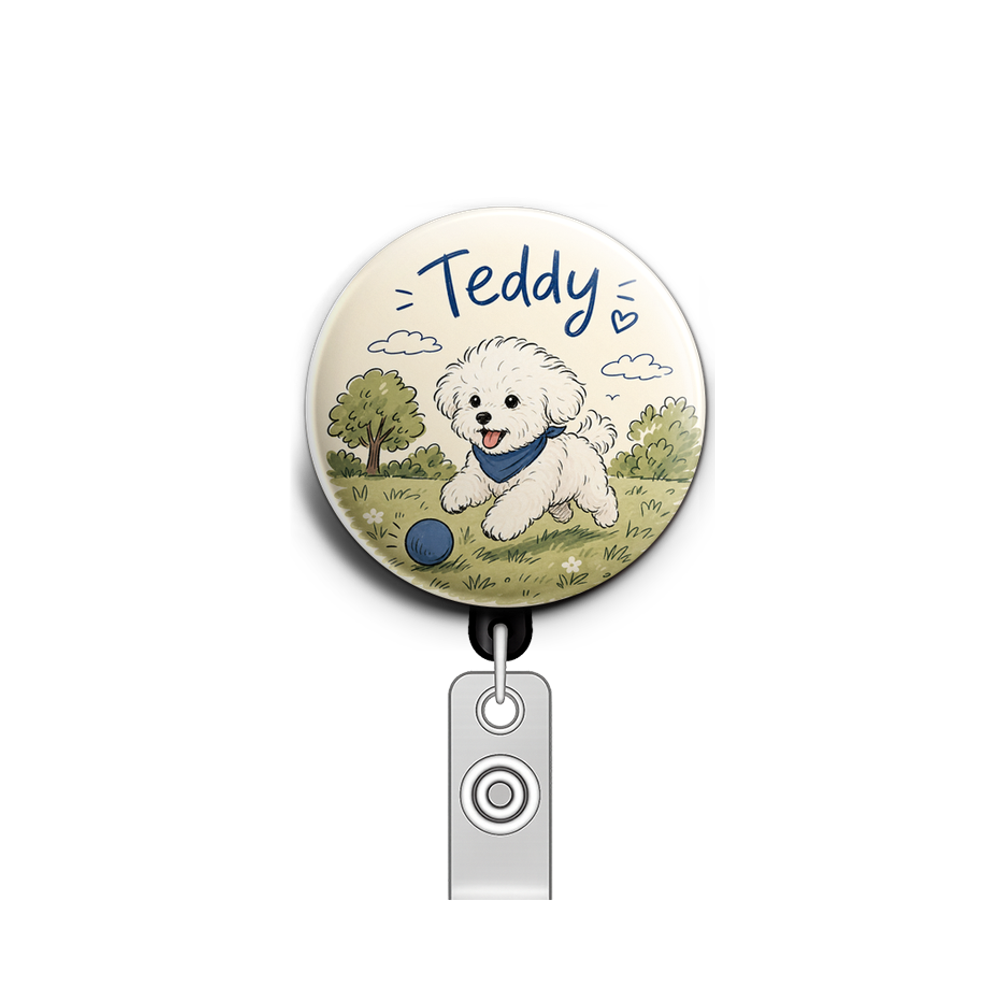 Custom Design – Make a white bichon dog with a blue color that says “Teddy”.… - Badge Reel (Alligator, Black) - Topperswap