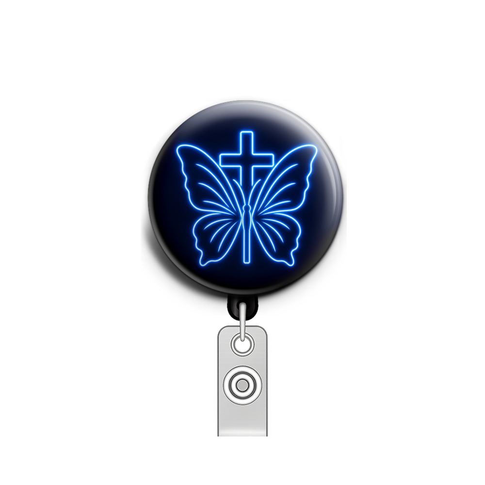 Custom Design – butterfly with cross - Badge Reel (Alligator, Black) - Topperswap